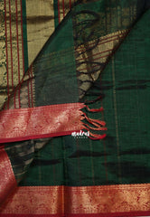 Bottle Green - Meenakshi -  Light Weight Pure Silk Cotton Saree Laksham Buttas in Checks Body with Mayil Border - Perfect for Wedding Functions