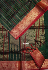 Bottle Green - Meenakshi -  Light Weight Pure Silk Cotton Saree Laksham Buttas in Checks Body with Mayil Border - Perfect for Wedding Functions