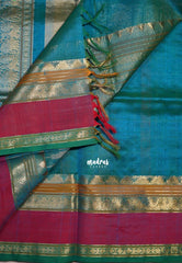 Dual Shade Teal Blue - Meenakshi - Light Weight Pure Silk Cotton Saree Checks with Thousand Buttas and Rettapet Rudraksham Border - Perfect for Wedding Functions