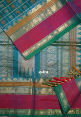 Dual Shade Teal Blue - Meenakshi - Light Weight Pure Silk Cotton Saree Checks with Thousand Buttas and Rettapet Rudraksham Border - Perfect for Wedding Functions