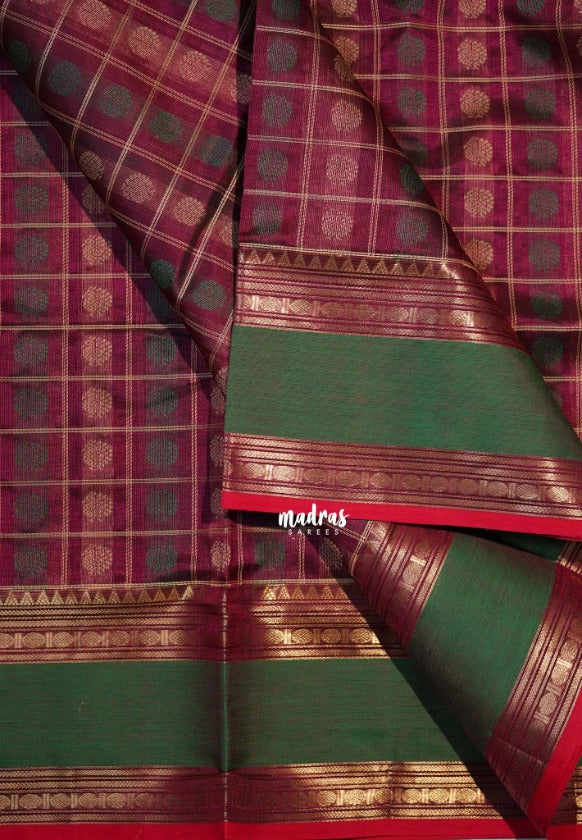 Beetroot Pink - Meenakshi - Light Weight Pure Silk Cotton Saree Checks with Thousand Buttas and Rettapet Rudraksham Border - Perfect for Wedding Functions