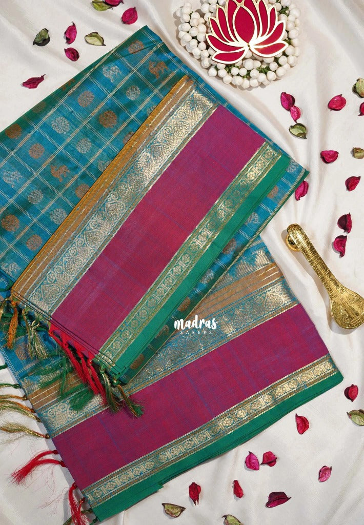 Dual Shade Teal Blue - Meenakshi - Light Weight Pure Silk Cotton Saree Checks with Thousand Buttas and Rettapet Rudraksham Border - Perfect for Wedding Functions