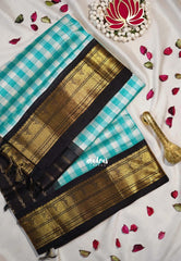 Turquoise Green and Ivory White - Meenakshi - Light Weight Pure Silk Cotton Saree Checks Weaving with Mango Border Contrast Pallu and Blouse - Perfect for Wedding Functions