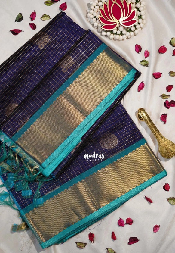 Midnight Blue - Meenakshi - Light Weight Pure Silk Cotton Saree Zari Muthu Kattam with Mayil Buttas Contrast Pallu and Blouse - Perfect for Wedding Functions