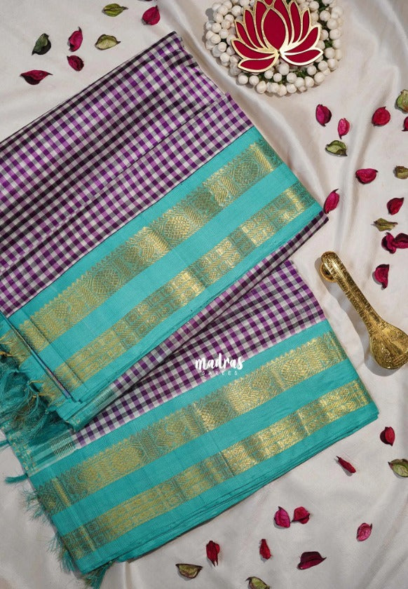 Purple and White - Meenakshi - Light Weight Pure Silk Cotton Saree Micro Checks with Mayil, Rudraksham Border Contrast Pallu and Blouse - Perfect for Wedding Functions