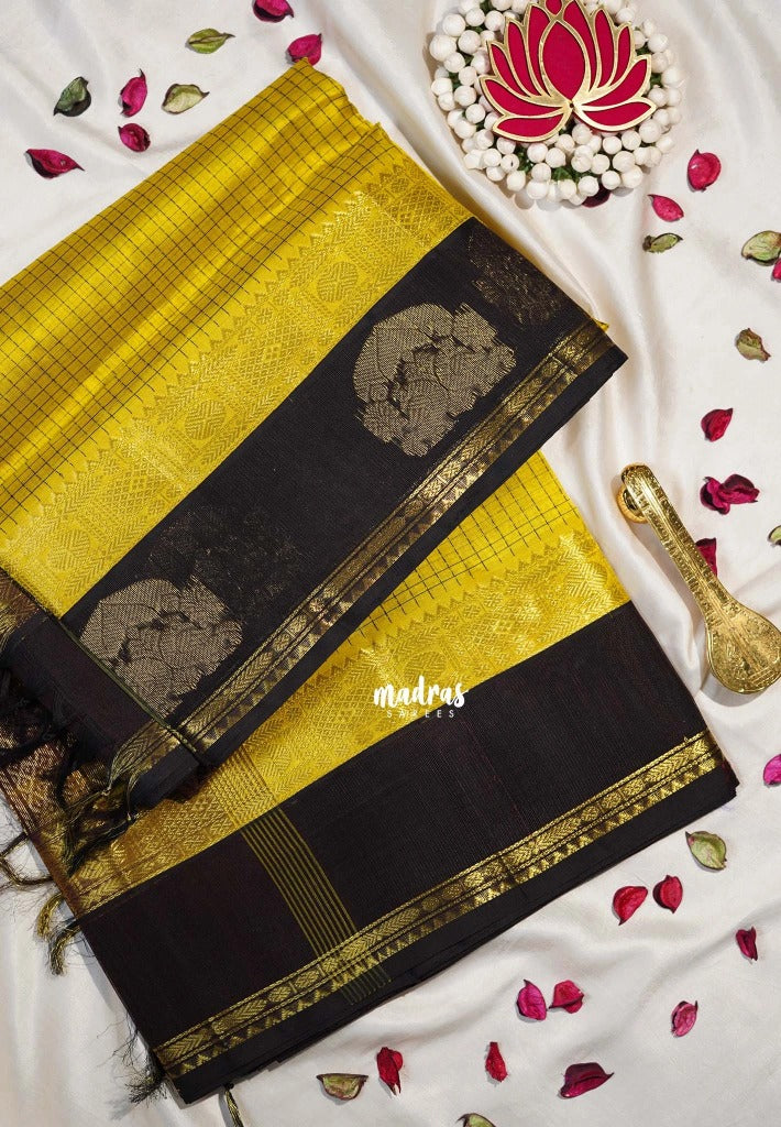 Greenish Yellow - Meenakshi - Light Weight Pure Silk Cotton Saree Muthu Kattam Mayil Border Contrast Pallu and Blouse - Perfect for Wedding Functions