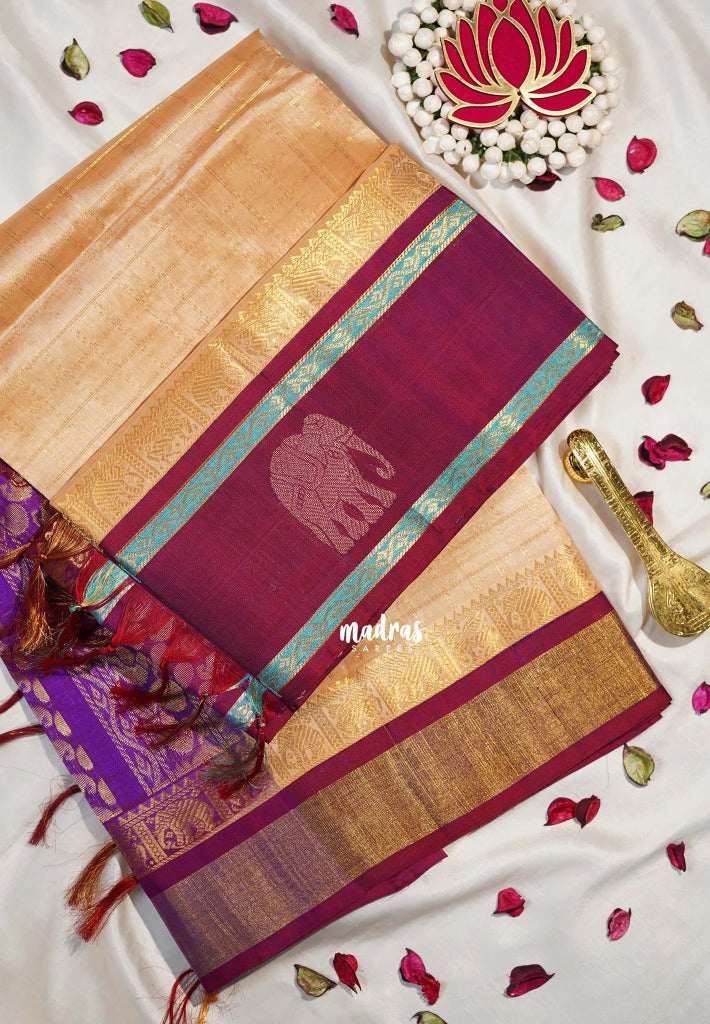California Peach - Meenakshi -  Light Weight Pure Silk Cotton Saree Zari Checks Body with Yanai Border - Perfect for Wedding Functions