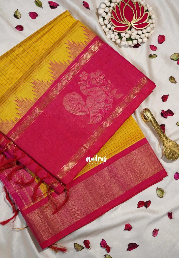 Mango Yellow - Meenakshi - Light Weight Pure Silk Cotton Saree Muthu Kattam Rettapet Rudraksham with Mayil Border Contrast Pallu and Blouse - Perfect for Wedding Functions