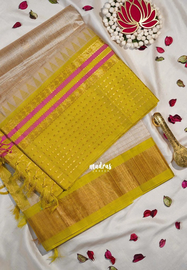 Powder Beige - Meenakshi -  Light Weight Pure Silk Cotton Saree Zari Muthukattam Body with Buttas Contrast Pallu and Blouse - Perfect for Wedding Functions