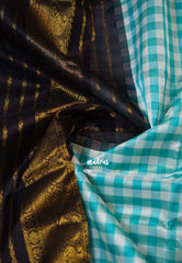 Turquoise Green and Ivory White - Meenakshi - Light Weight Pure Silk Cotton Saree Checks Weaving with Mango Border Contrast Pallu and Blouse - Perfect for Wedding Functions