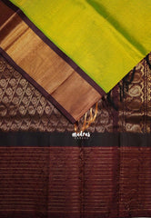 Shiny Sap Green - Meenakshi - Light Weight Pure Silk Cotton Saree One Side Big Kattam Border Contrast Pallu and Blouse - Perfect for Wedding Functions