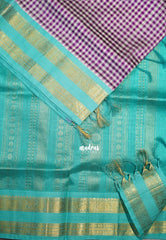 Purple and White - Meenakshi - Light Weight Pure Silk Cotton Saree Micro Checks with Mayil, Rudraksham Border Contrast Pallu and Blouse - Perfect for Wedding Functions