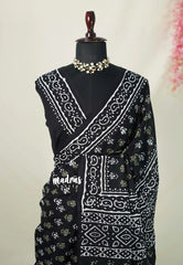 Midnight Black - Pure Mul Cotton Saree with Jaipur Prints - Perfect for Office Wear | Casual Wear