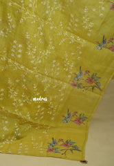 Amitha – Greenish Yellow Tissue Linen Salwar Suit with Birds Digital Prints & Hand Embroidery