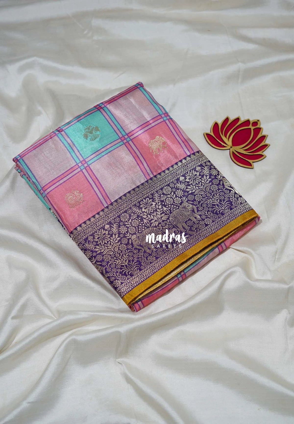 Creamy Rose Pink & Aqua - Swara – Grandeur Pure Viscose Silk Saree Madras Checks & Gandaberunda Buttas with Yaanai Border Contrast Pallu and Blouse - Best for Diwali Festive | Wedding Functions