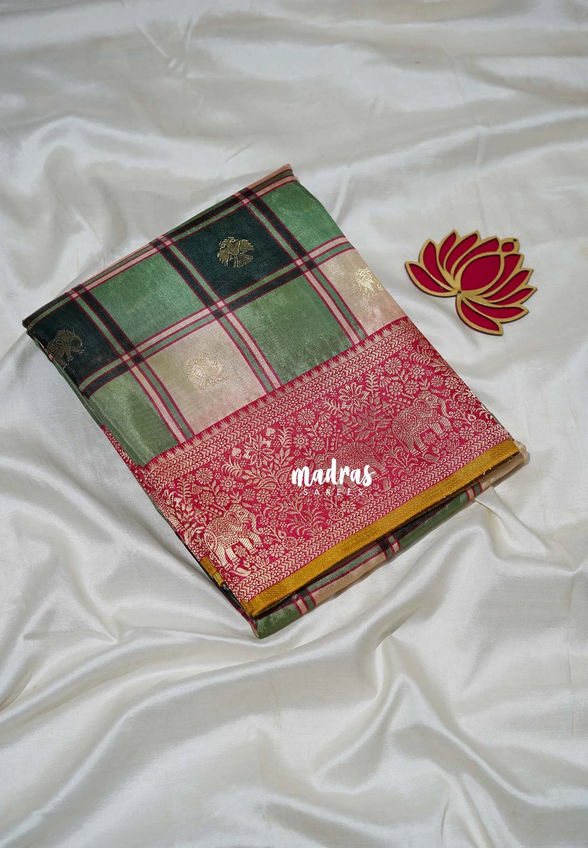 Emerald Green - Swara – Grandeur Pure Viscose Silk Saree Madras Checks & Gandaberunda Buttas with Yaanai Border Contrast Pallu and Blouse - Best for Diwali Festive | Wedding Funtions