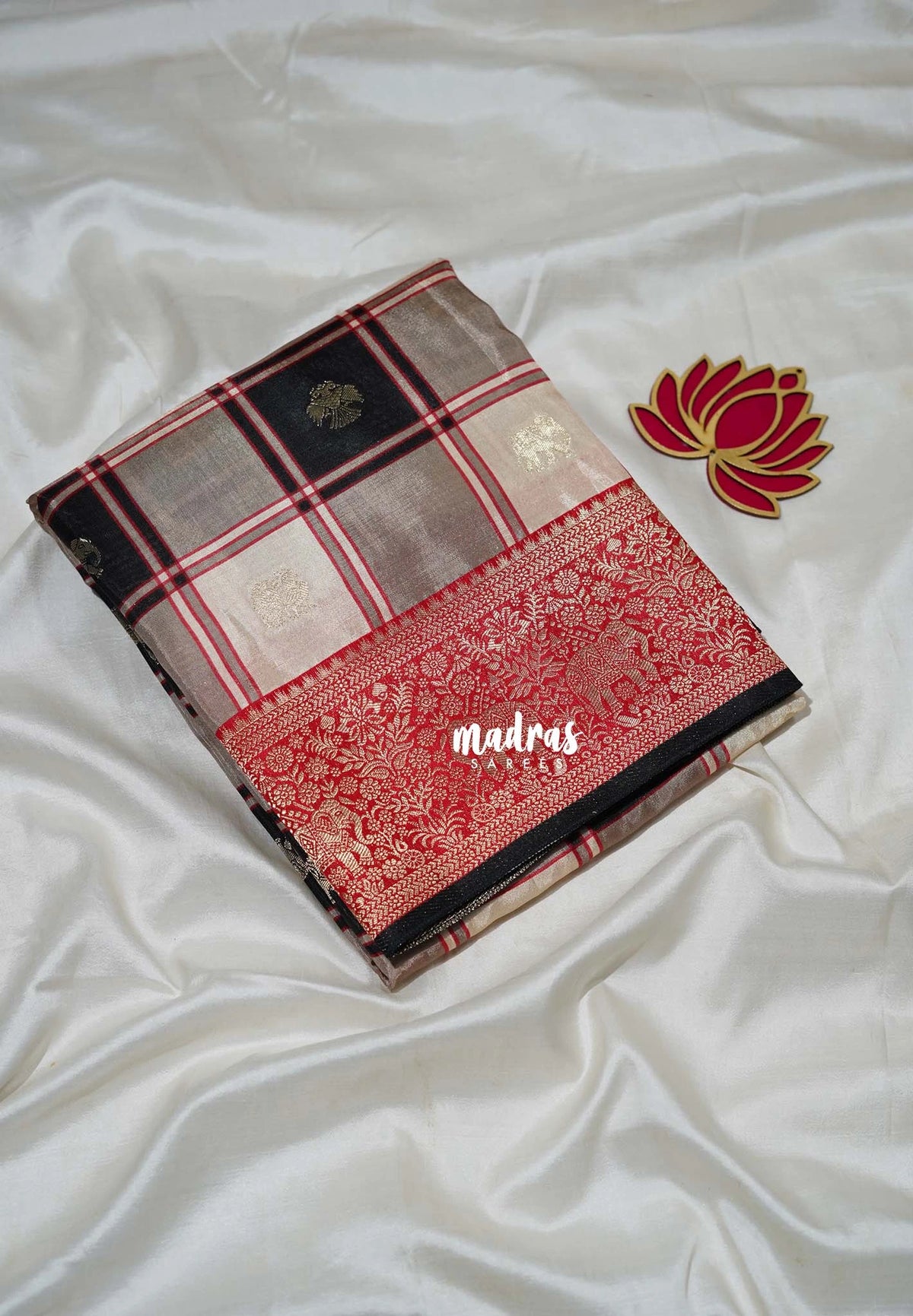 Jet Black & Grey - Swara – Grandeur Pure Viscose Silk Saree Madras Checks & Gandaberunda Buttas with Yaanai Border Contrast Pallu and Blouse - Best for Diwali Festive | Wedding Functions (Copy)