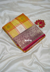 Mustard Yellow - Swara – Grandeur Pure Viscose Silk Saree Madras Checks & Gandaberunda Buttas with Yaanai Border Contrast Pallu and Blouse - Best for Diwali Festive | Wedding Functions