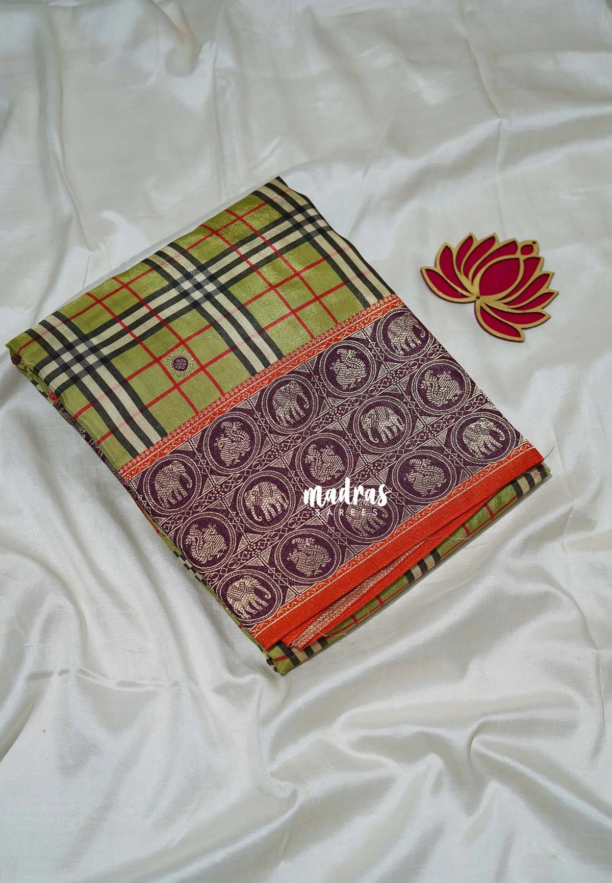 Olive Green - Swara – Grandeur Pure Viscose Silk with Burberry Checks Body and 3D Elephant & Mayil Buttas