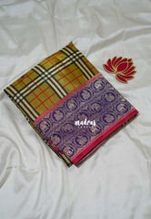 Antique Olive - Swara – Grandeur Pure Viscose Silk with Burberry  Checks Body and 3D Elephant & Mayil Buttas