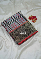 Silver Grey - Swara – Grandeur Pure Viscose Silk with Burberry Checks Body and 3D Elephant & Mayil Buttas