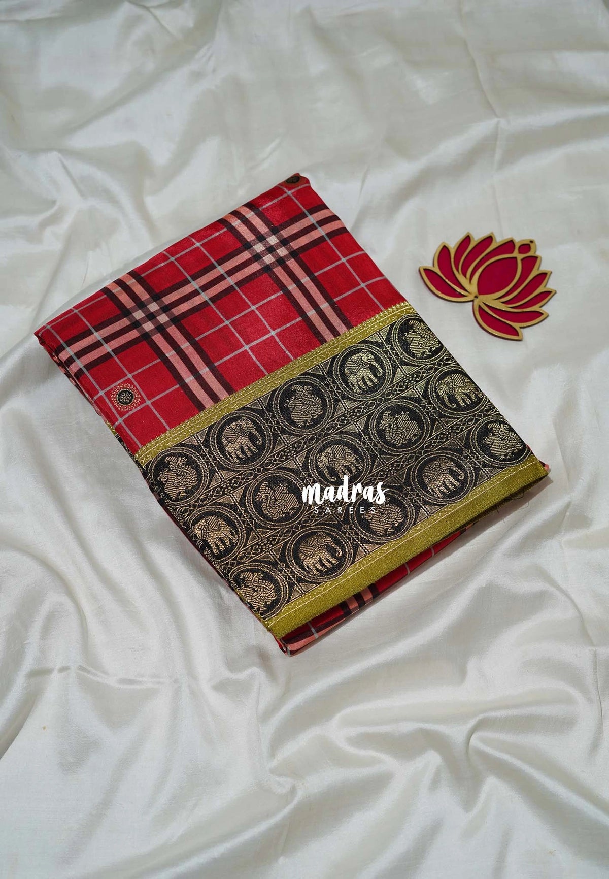 Tomato Red - Swara – Grandeur Pure Viscose Silk with Burberry Checks Body and 3D Elephant & Mayil Buttas