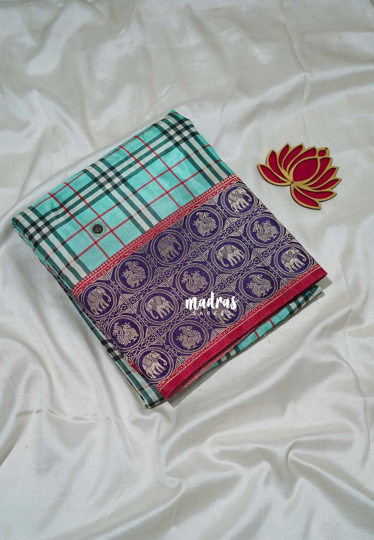 Aqua Blue - Swara – Grandeur Pure Viscose Silk with Burberry  Checks Body and 3D Elephant & Mayil Buttas