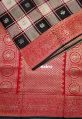 Jet Black & Grey - Swara – Grandeur Pure Viscose Silk Saree Madras Checks & Gandaberunda Buttas with Yaanai Border Contrast Pallu and Blouse - Best for Diwali Festive | Wedding Functions (Copy)