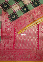 Emerald Green - Swara – Grandeur Pure Viscose Silk Saree Madras Checks & Gandaberunda Buttas with Yaanai Border Contrast Pallu and Blouse - Best for Diwali Festive | Wedding Funtions