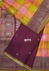 Soft Sunset Glow - Swara – Grandeur Pure Viscose Silk Saree Madras Checks & Gandaberunda Buttas with Yaanai Border Contrast Pallu and Blouse - Best for Diwali Festive | Wedding Functions
