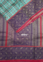 Aqua Blue - Swara – Grandeur Pure Viscose Silk with Burberry  Checks Body and 3D Elephant & Mayil Buttas