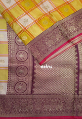 Mustard Yellow - Swara – Grandeur Pure Viscose Silk Saree Madras Checks & Gandaberunda Buttas with Yaanai Border Contrast Pallu and Blouse - Best for Diwali Festive | Wedding Functions