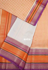 Peach Orange -Durga - Banarasi Premium Viscose Silk Saree Podi Kattam, Zari Checks Weaving with Buttas and Traditional Tri-Line Border - Best for Diwali Festive | Wedding Functions