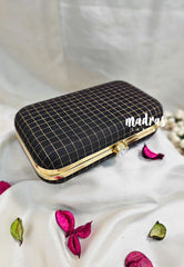 MS7 - Premium Raw Silk Fabric Black with Muthukattam Pin-tuck with Box Clutch for Women