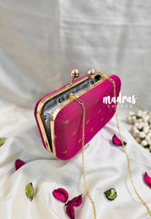 MS7 - Premium Raw Silk Fabric Fuchsia Pink with Buttas Pin-tuck with Box Clutch for Women