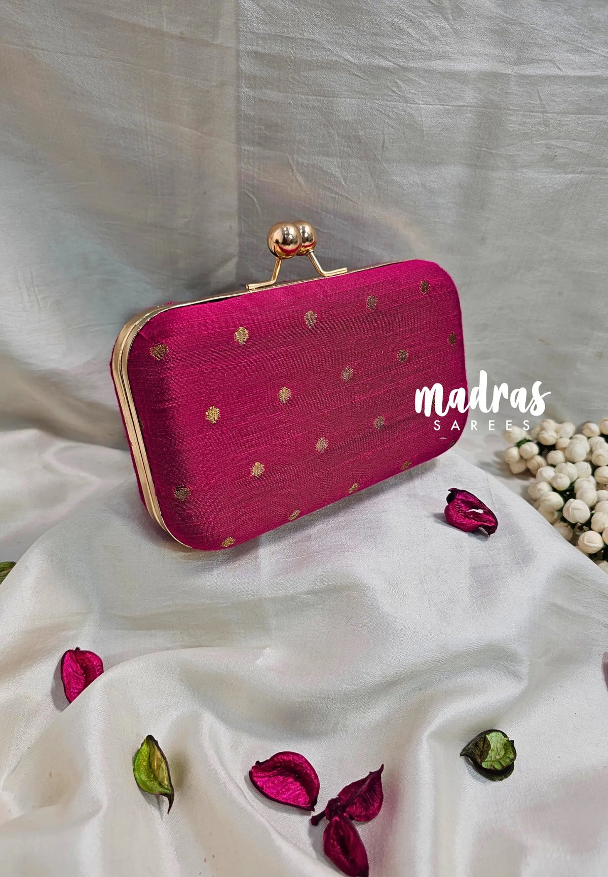 MS7 - Premium Raw Silk Fabric Fuchsia Pink with Buttas Pin-tuck with Box Clutch for Women