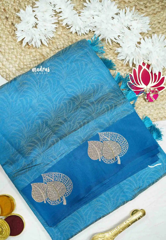 Raaga - Lightweight Semi tussar self weaving body leaf border rich pallu - Peacock blue