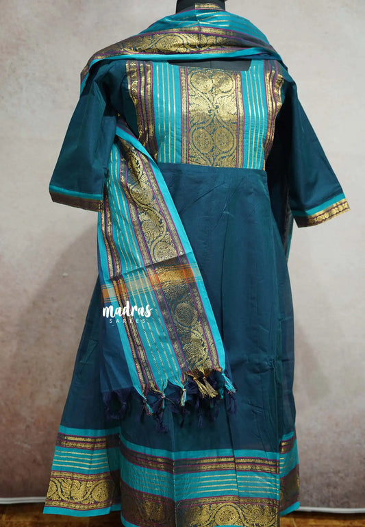 Teal Blue with Aqua Blue  - READYMADE (ONLY TOP AND DUPATTA) Classic kanchi cotton anarkali set