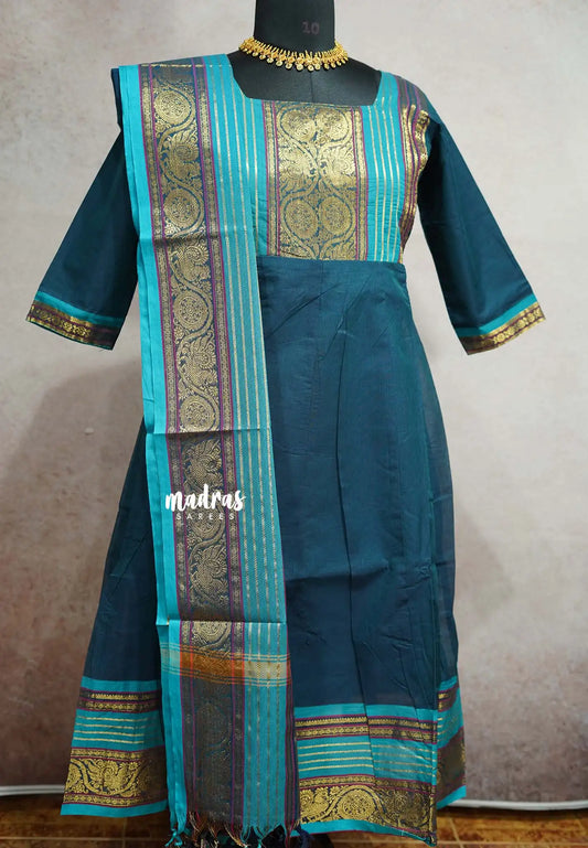 Teal Blue with Aqua Blue  - READYMADE (ONLY TOP AND DUPATTA) Classic kanchi cotton anarkali set