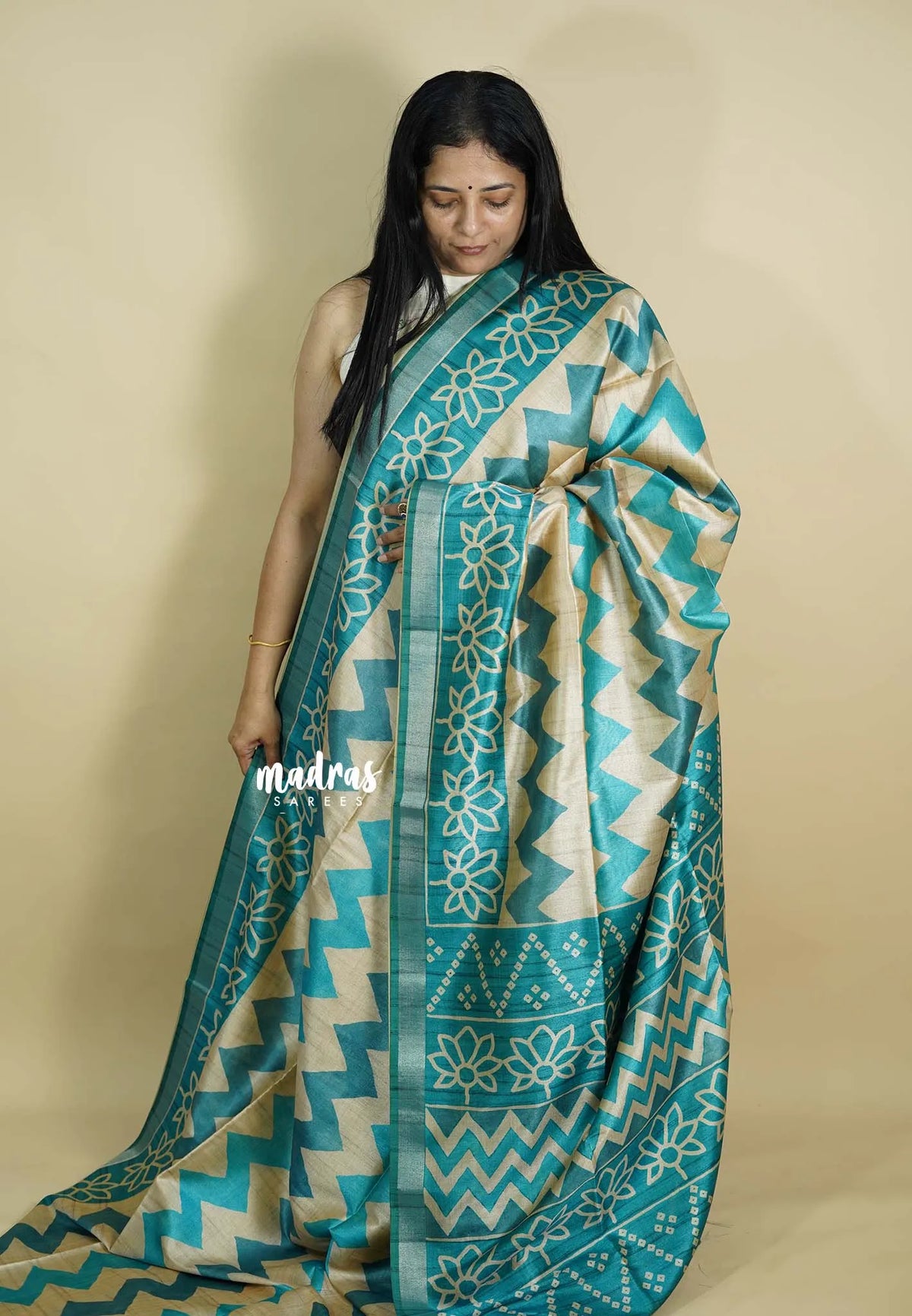 Teal Blue and Aqua Blue - Roopa - Lightweight semi tussar grooves weaving with zig zag prints