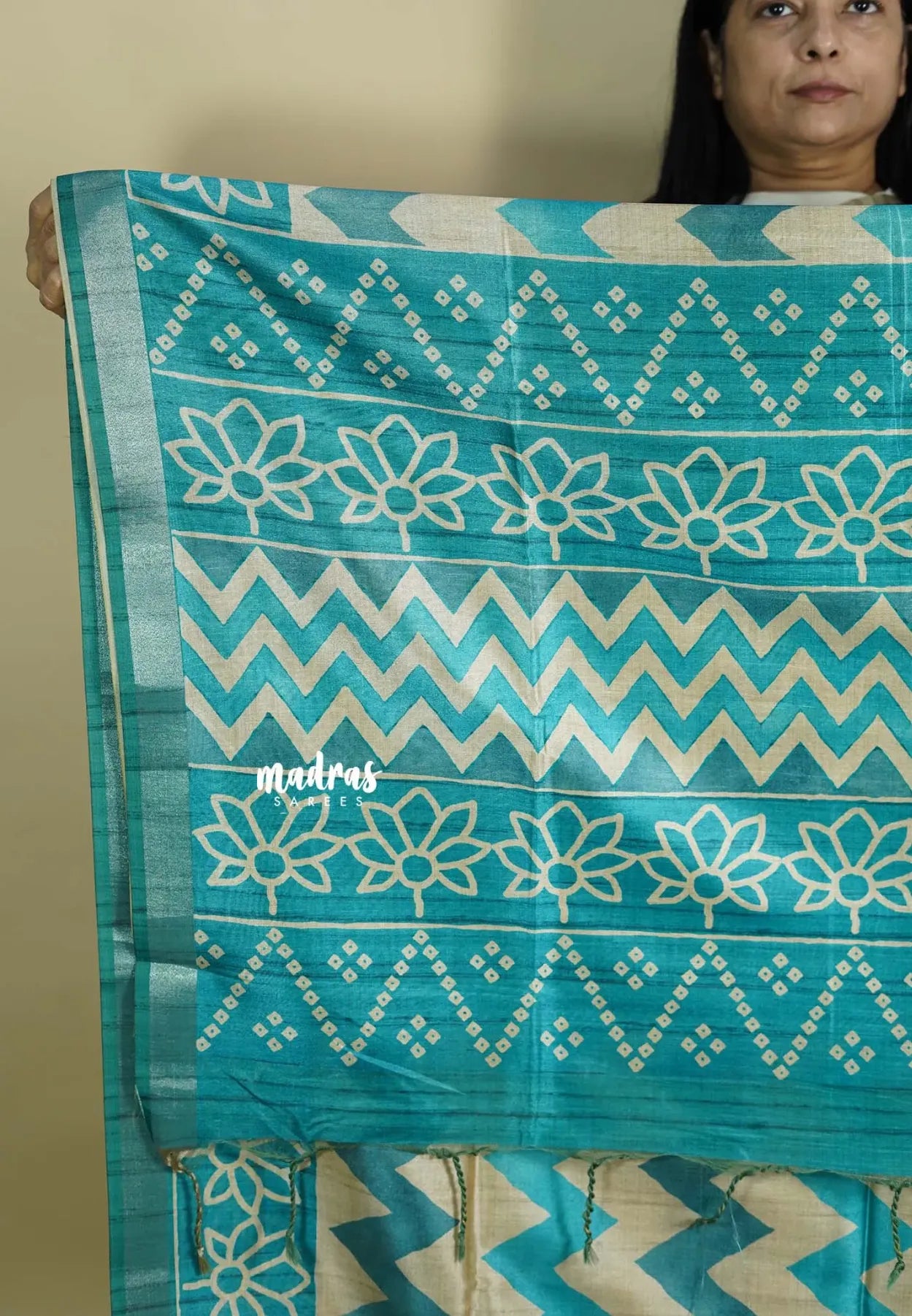 Teal Blue and Aqua Blue - Roopa - Lightweight semi tussar grooves weaving with zig zag prints