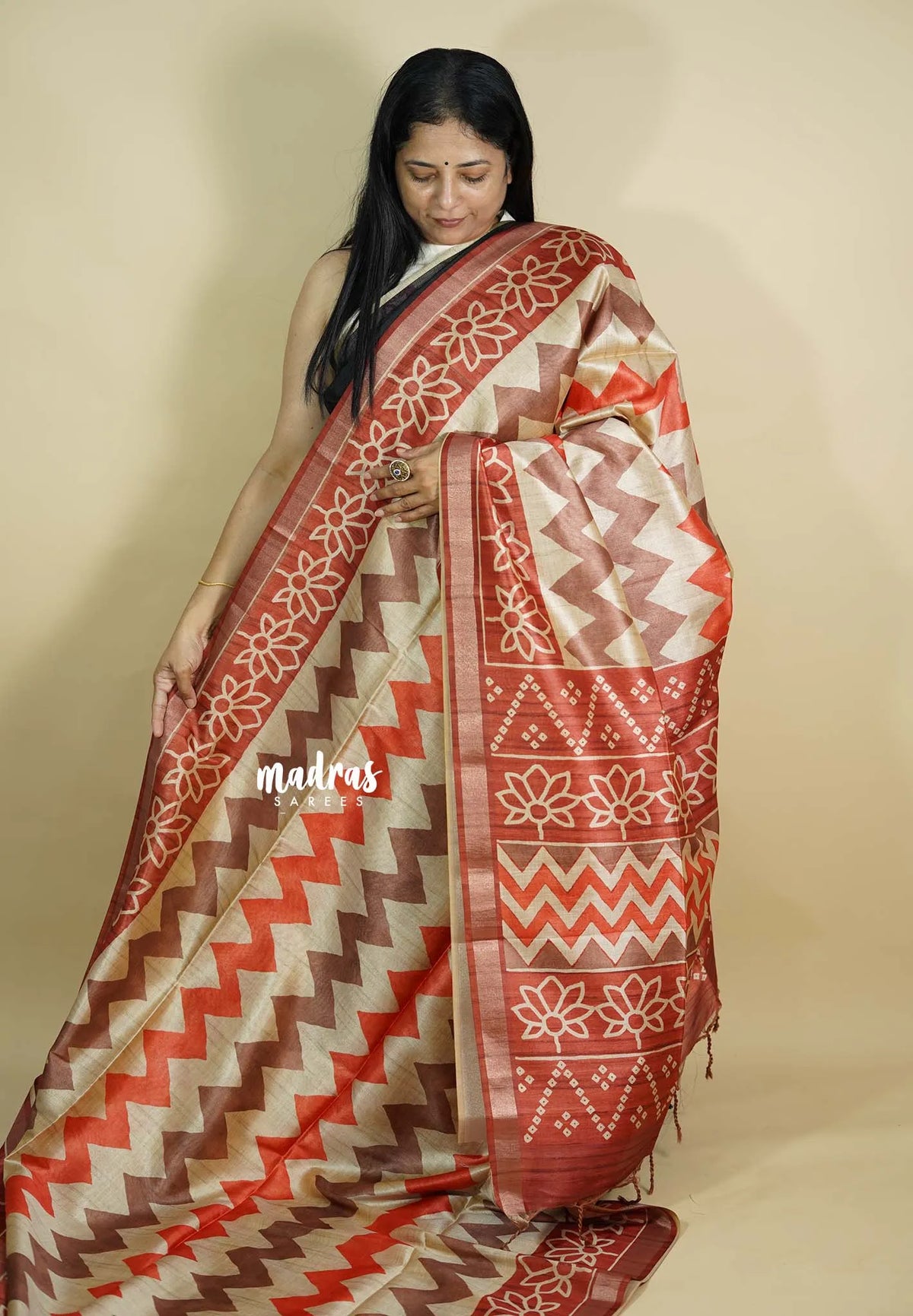 Orange and Brown - Roopa - Lightweight semi tussar grooves weaving with zig zag prints