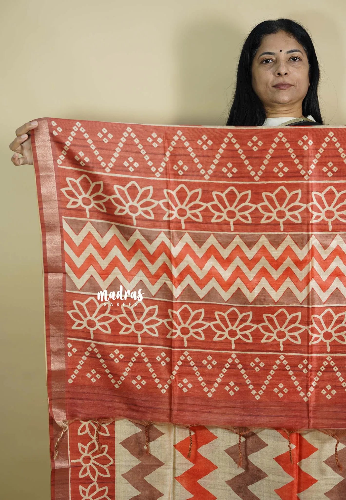 Orange and Brown - Roopa - Lightweight semi tussar grooves weaving with zig zag prints