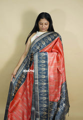 Peach Orange - Roopa - Lightweight semi tussar with digital prints ikkat tissue border