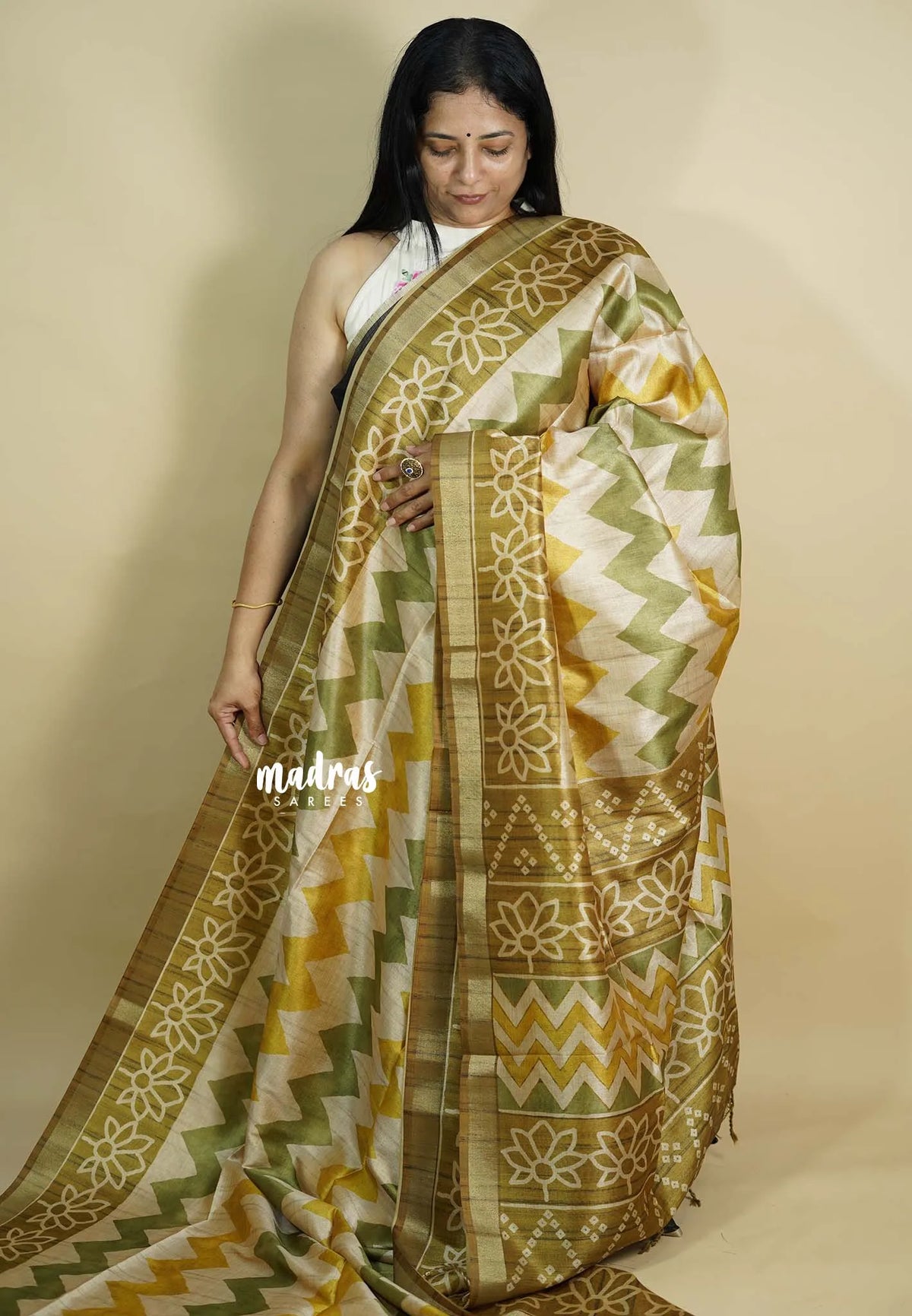 Yellow and Green - Roopa - Lightweight semi tussar grooves weaving with zig zag prints