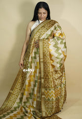 Yellow and Green - Roopa - Lightweight semi tussar grooves weaving with zig zag prints