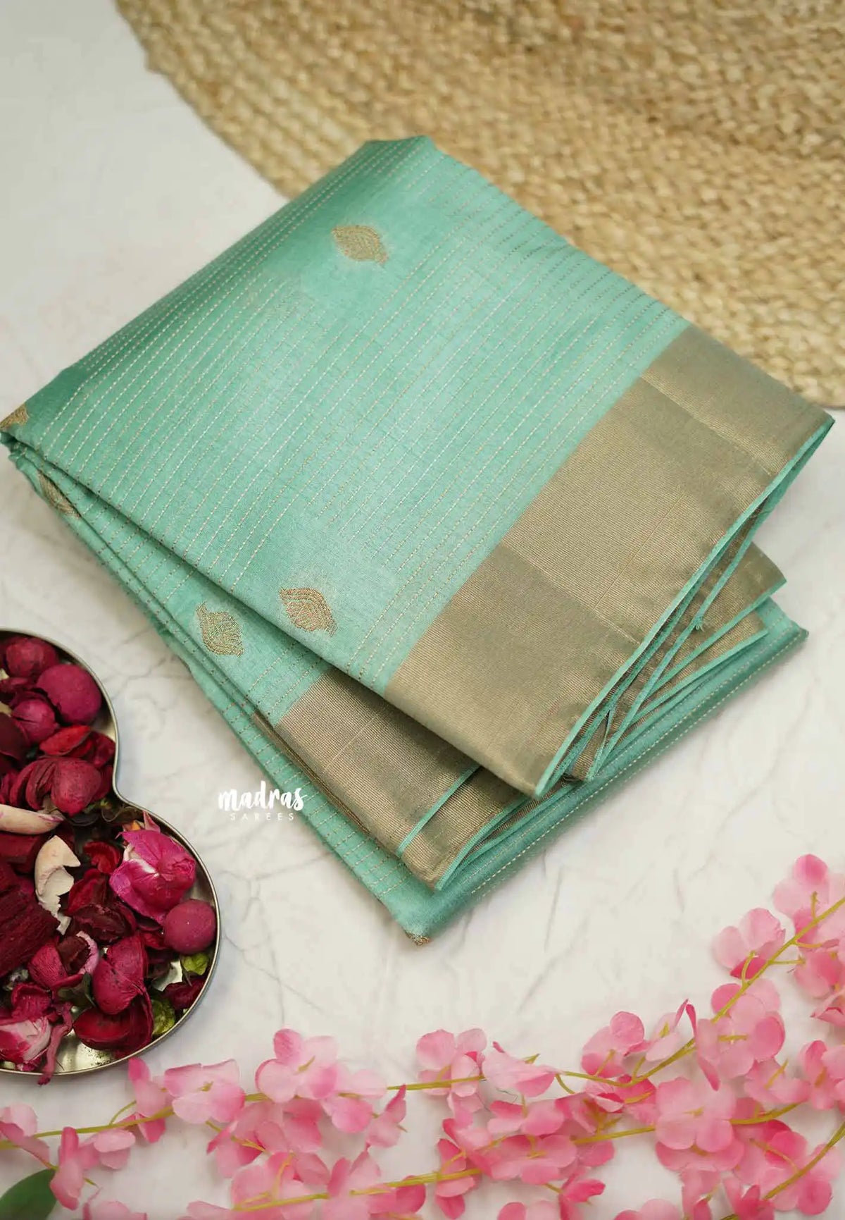 Raaga - Lightweight Semi tussar Leaf motif with kantha stich weaving  - Pastel teal blue