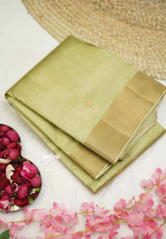 Raaga - Lightweight Semi tussar Leaf motif with kantha stich weaving  - Pastel elachi green