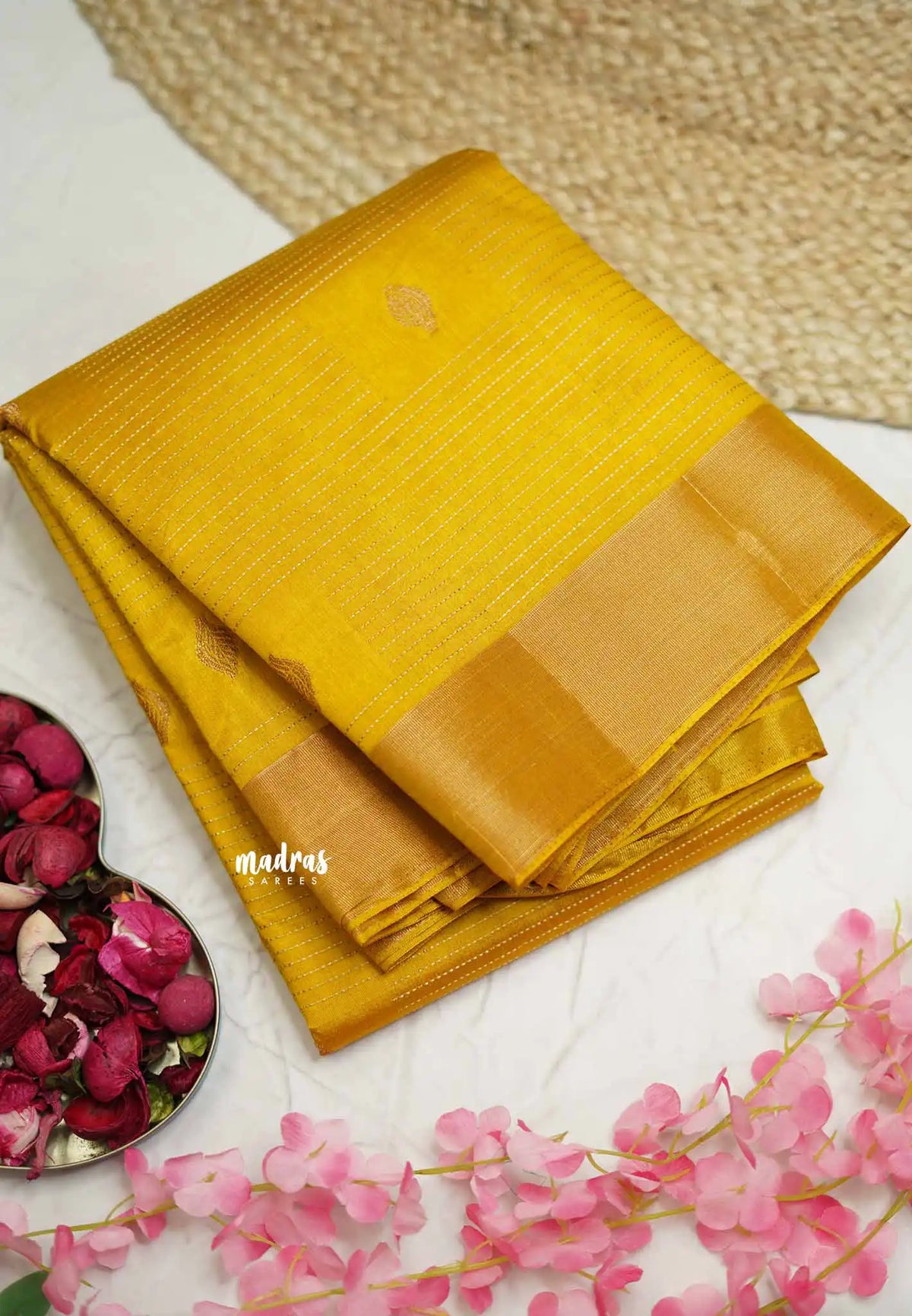 Raaga - Lightweight Semi tussar Leaf motif with kantha stich weaving  - Mustard Yellow