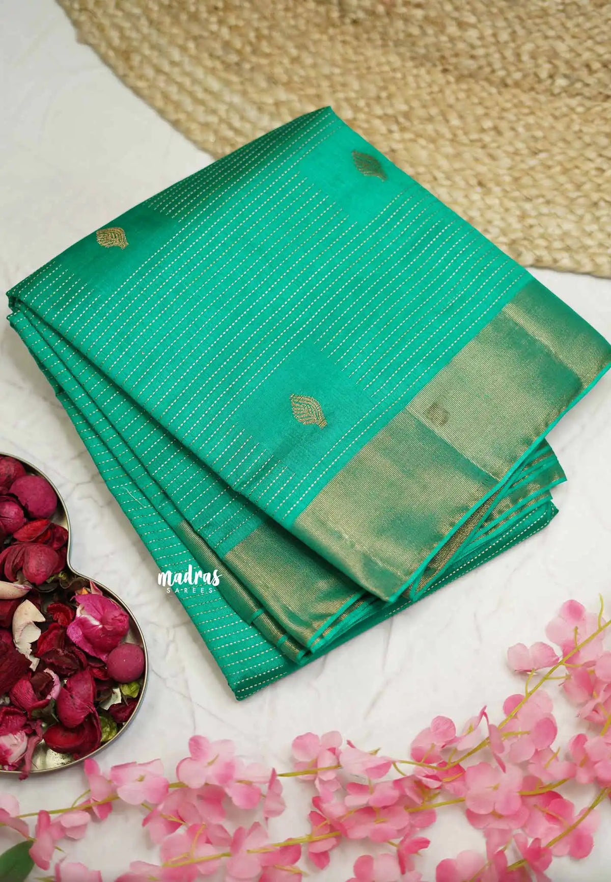 Raaga - Lightweight Semi tussar Leaf motif with kantha stich weaving  - Teal green